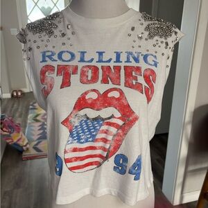 Alice + Olivia Rolling Stones White Rhinestone Muscle Tee - American Flag Tongue